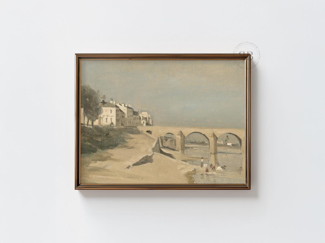 Antique European Stone Bridge Riverside Village Oil Painting Print