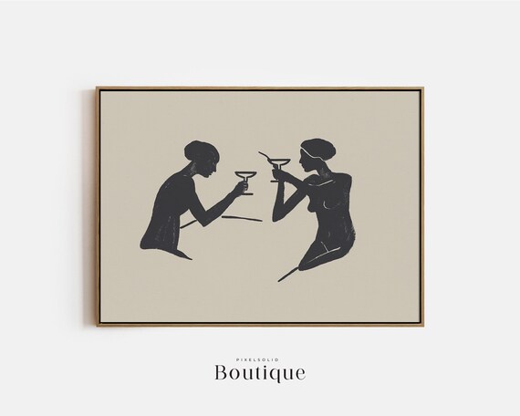 Black And White Cheers Silhouette Art Poster Minimalist Cocktail Toast