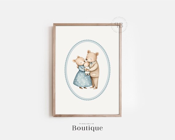 Bear Family Nursery Print Boys Watercolor Teddy Wall Art Baby Shower Gift Soft Blue Pastel Decor No658