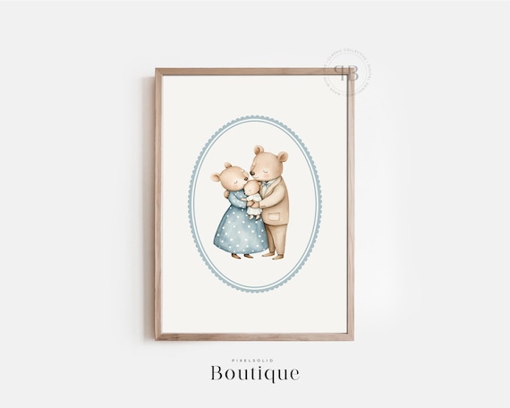 Soft Blue Teddy Bear Family Hug Watercolor Nursery Kids Room Wall Art