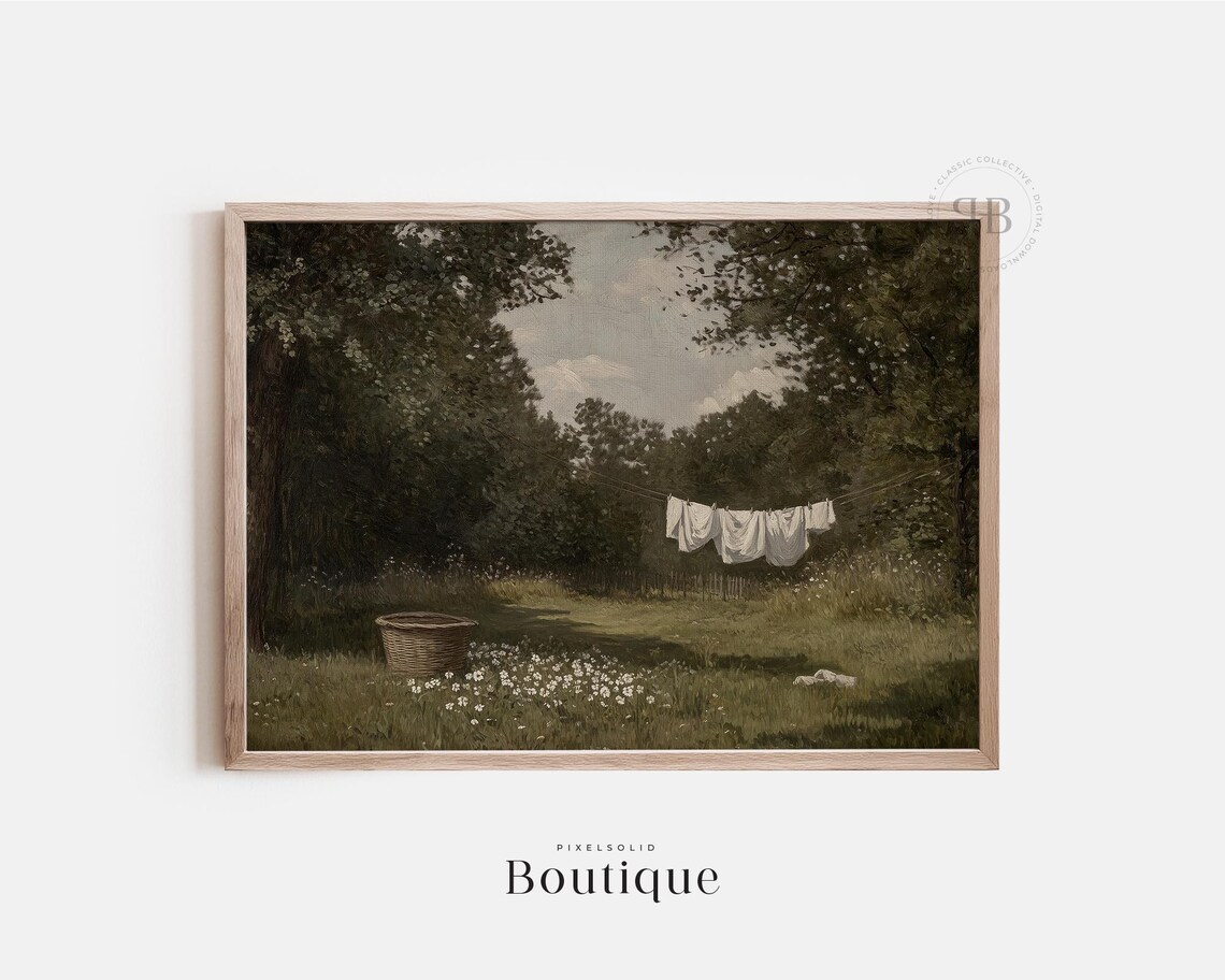 Farmhouse Laundry Line Art Print, Rustic Meadow Scene