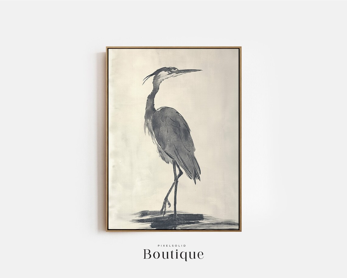 Great Blue Heron Painting Bird Illustration Muted Neutral Coastal Wall Decor Art Minimalist Print No340