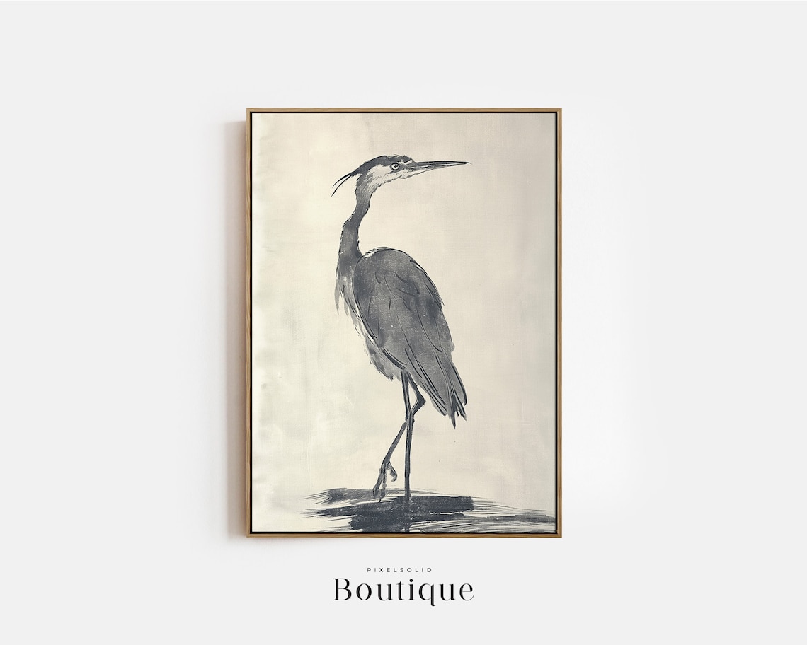 Great Blue Heron Standing Gray Minimalist Ink Wash Art Print
