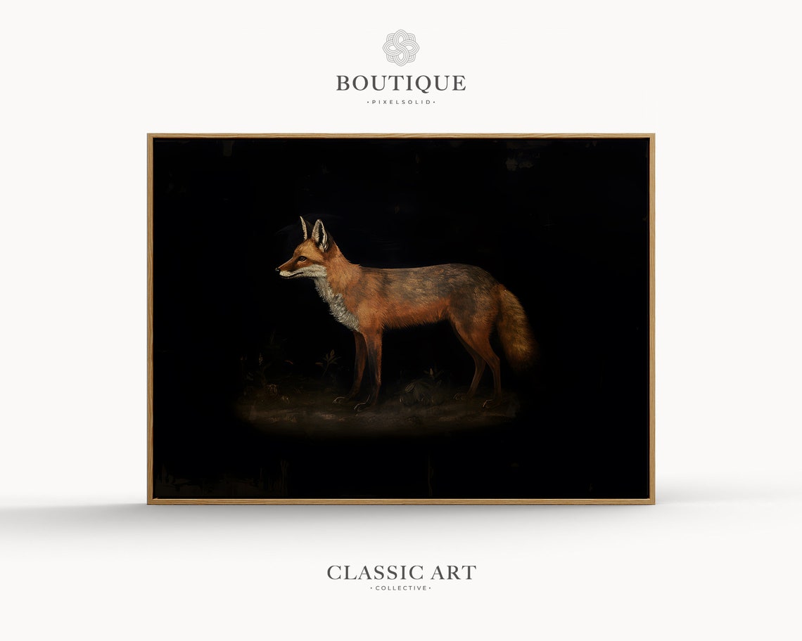 Moody Red Fox Standing Oil Painting Dark Background Wildlife Poster