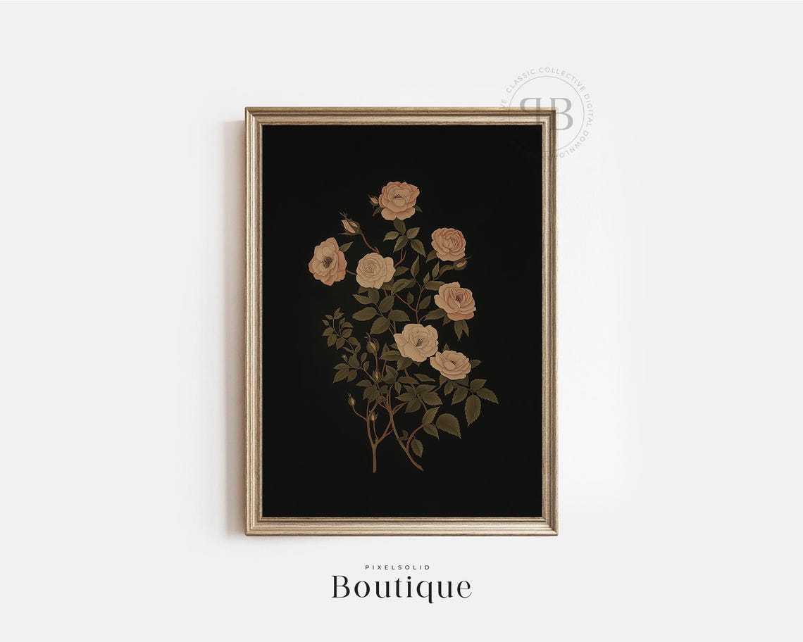 Elegant Vintage Blush Roses On A Dark Botanical Background Print