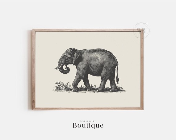 Elephant Wall Art Black And White Safari Animal Wildlife Illustration For Lodge Decor Vintage Style No598