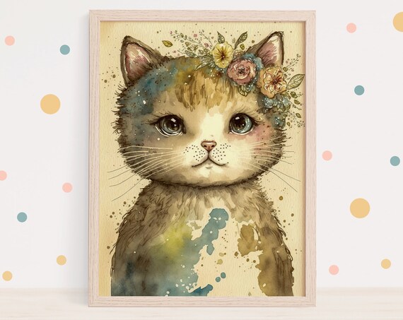 Boho Nursery Wall Art Print Cute Cat Painting Flowers Gift For A New Mum Kids Bedroom Decor Baby Room Watercolour Artwork Animal Poster