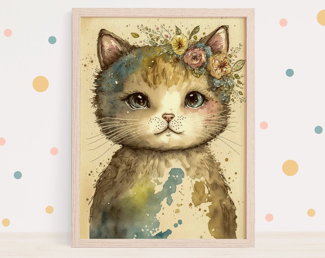 Watercolor Kitten Flower Crown Blue Eyes Cute Nursery Cat Poster