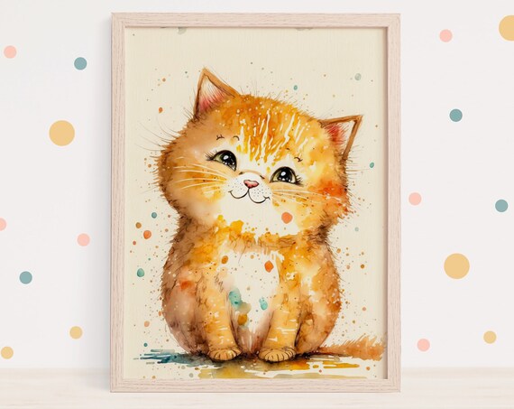 Cute Nursery Wall Art Cat Print Gift For A New Mum Kids Bedroom Watercolour Kitten Painting Animal Baby Room Poster Boho Childrens Artwork