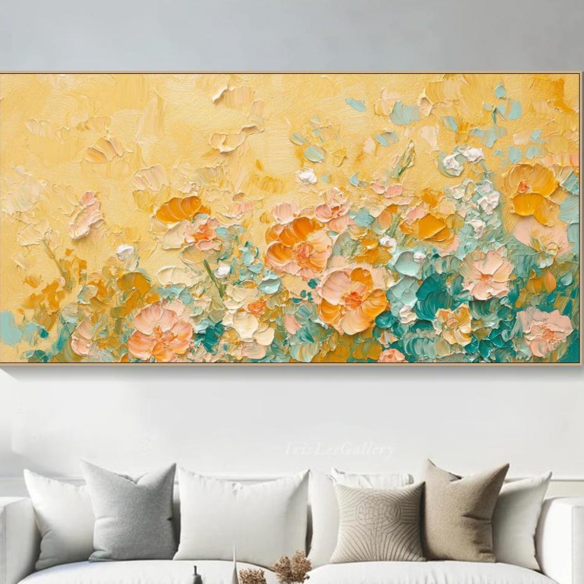Golden Yellow Orange Blossom Teal Leaves Boho Floral Painting Wall Art