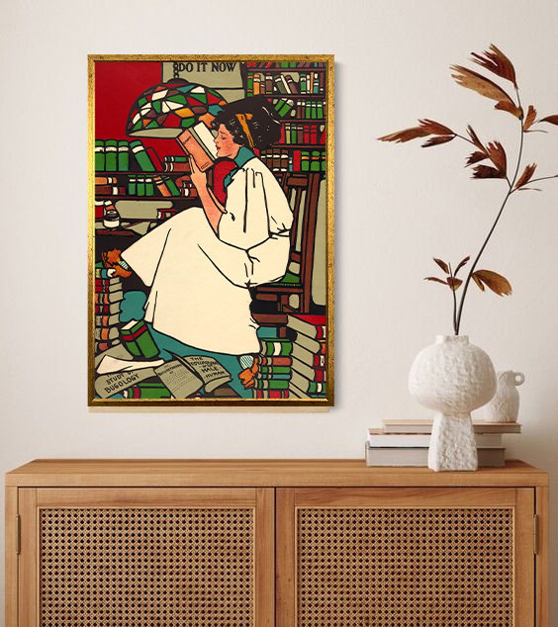 Vintage Woman Reading Among Bookshelves Library Illustration Poster - Image 2