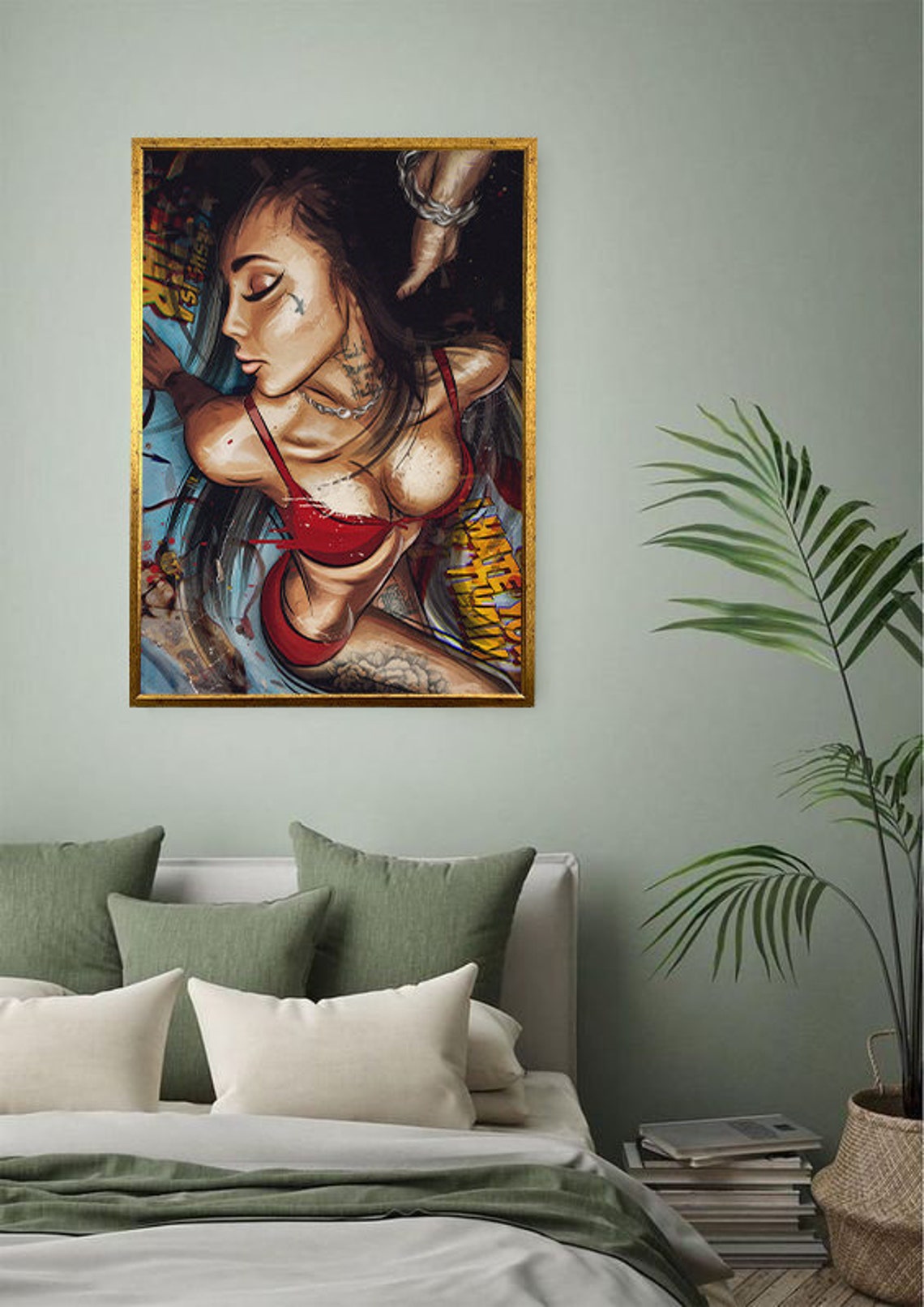 Tattooed Woman in Red Bikini Graffiti Style Bold Portrait Poster - Image 3