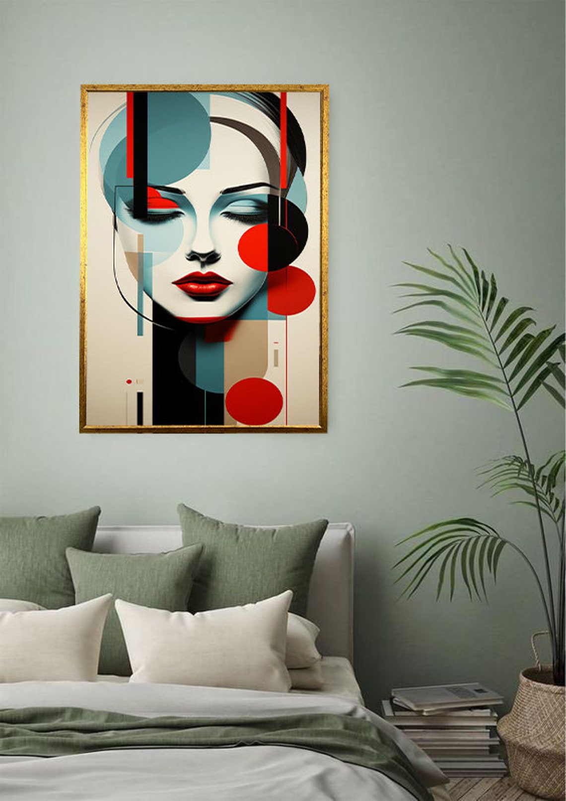 Geometric Art Deco Woman Face Red Teal Circles Modern Art Poster - Image 2