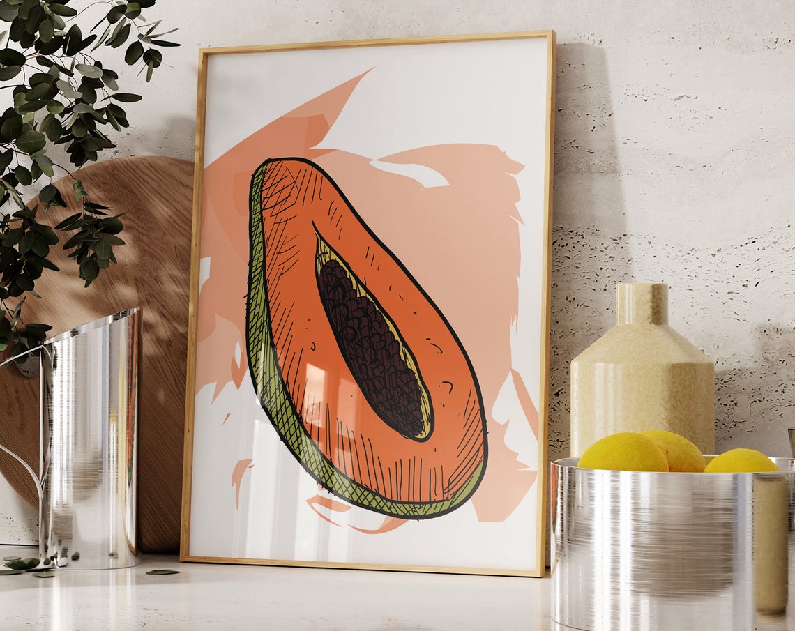 Papaya Half Ink Sketch Tropical Fruit Kitchen Wall Art Print