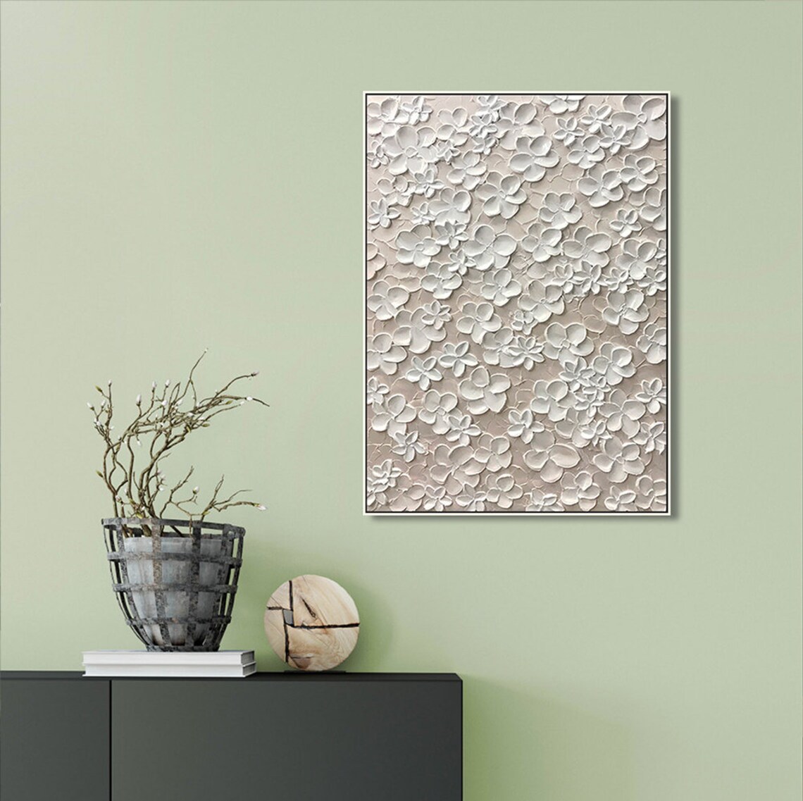 Beige Flower Painting, Abstract Textured Floral Art Print - Image 2