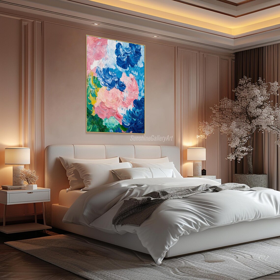 Abstract Pink Blue Peony Blooms Heavy Impasto Flower Art Poster - Image 3