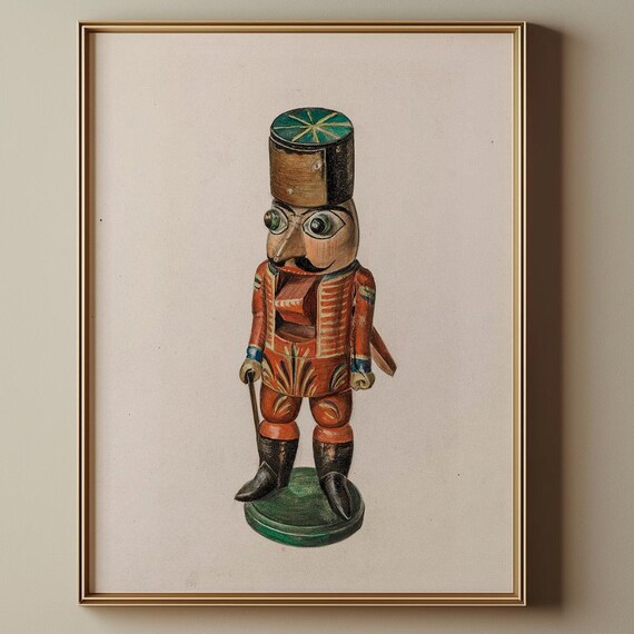 Vintage Wooden Nutcracker Soldier in Red Uniform Christmas Art Poster
