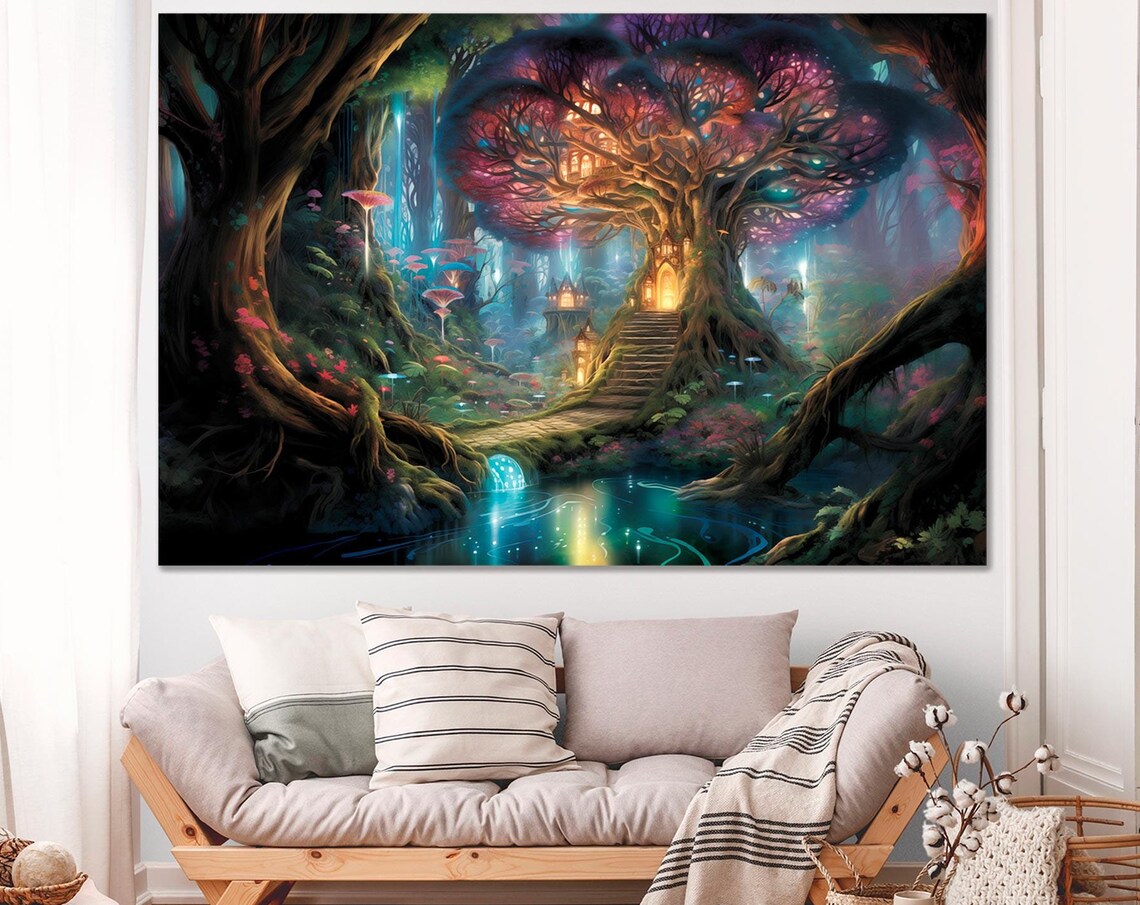 Enchanted Forest Treehouse Magical Glowing Tree Fantasy Realm Night Wall Poster