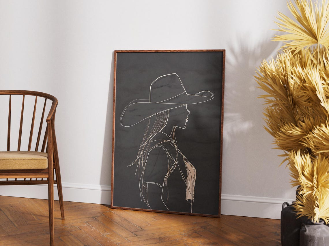 Minimal Cowgirl Line Art on Black Modern Western Silhouette Poster - Image 4