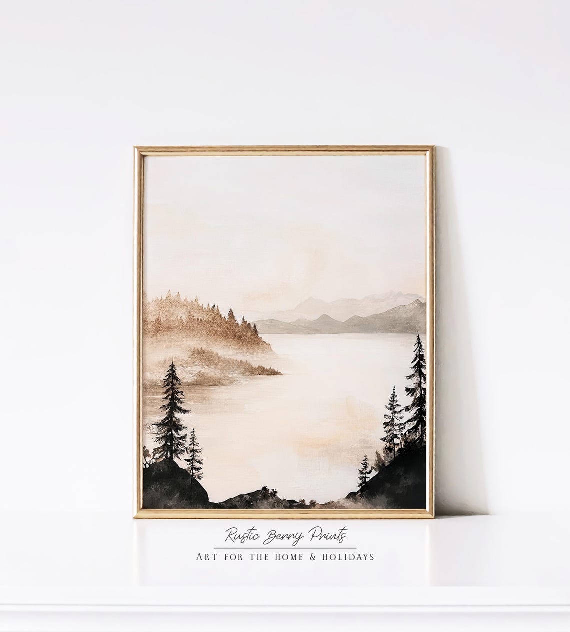 Lake Landscape Painting Wall Art Vintage Print Warm Tones Cottagecore Rustic Art