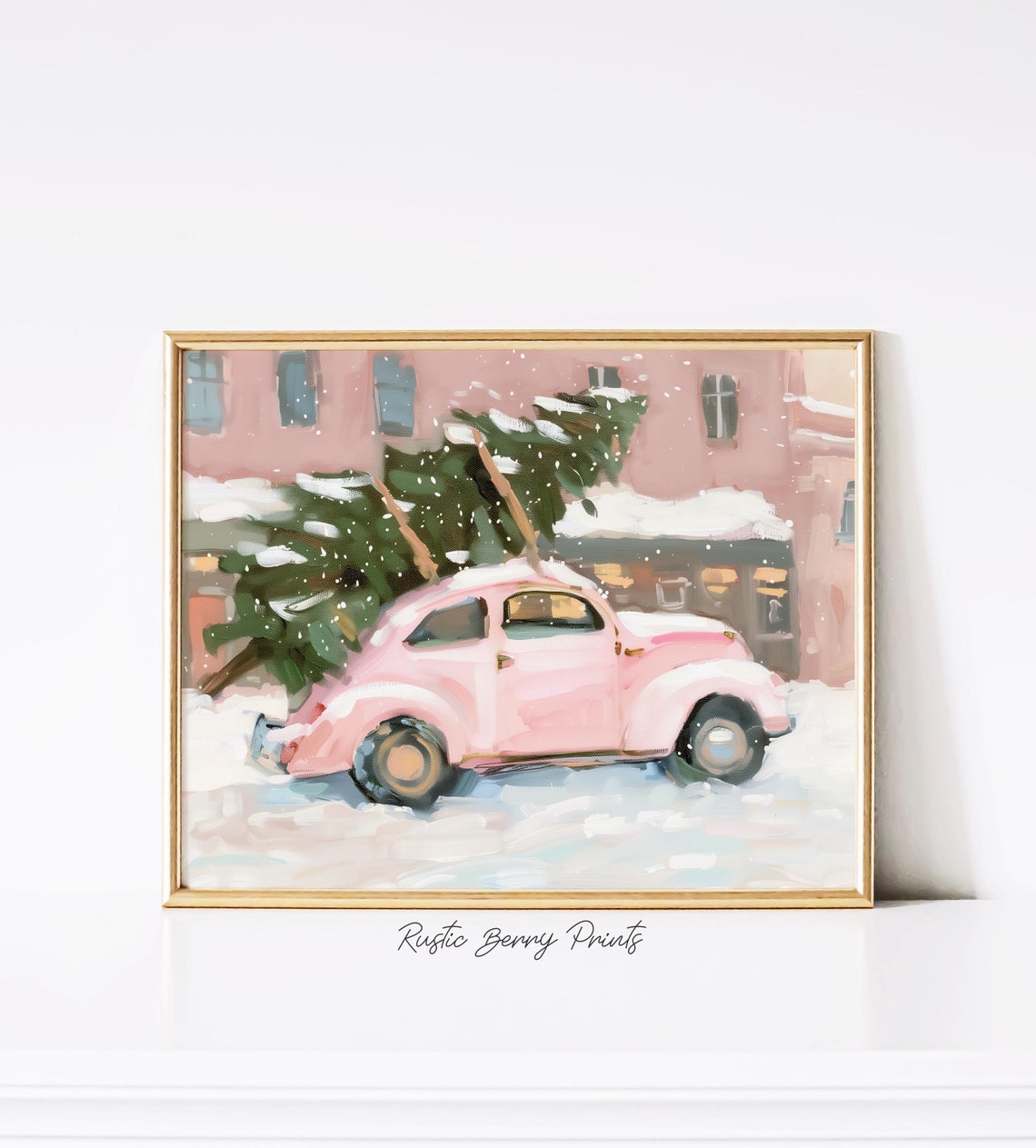 Pink Retro Car Christmas Tree Snowy City Street Holiday Print