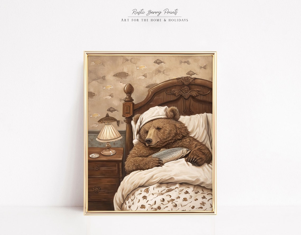 Sleeping Bear Nightcap Hugging Fish Cozy Bedtime Nursery Wall Art