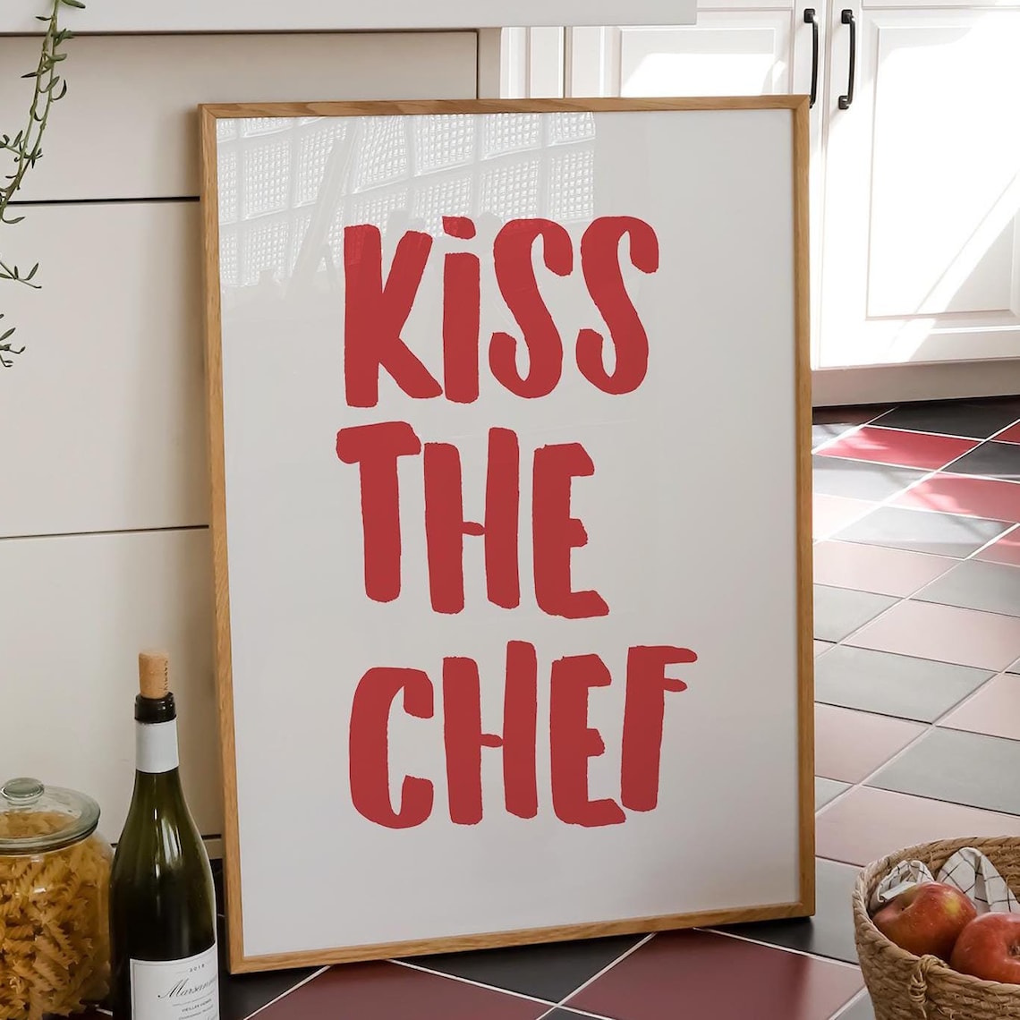Kiss the Chef Red Hand Painted Typography Fun Kitchen Wall Decor Poster