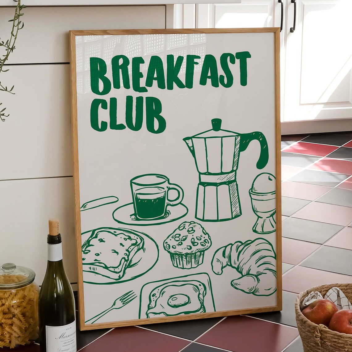 Breakfast Club Green Moka Pot Coffee Croissant Brunch Wall Art