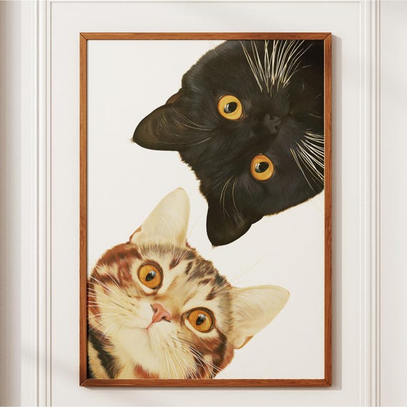 Curious Cats Wall Art Whimsical Cat Painting Funny Animal Print Playful Illustration Cozy Home Decor For Kitchen Or Living Room