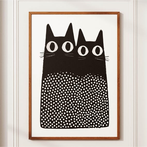 Tokyo Cats Linocut Print, Japanese Minimalist Folk