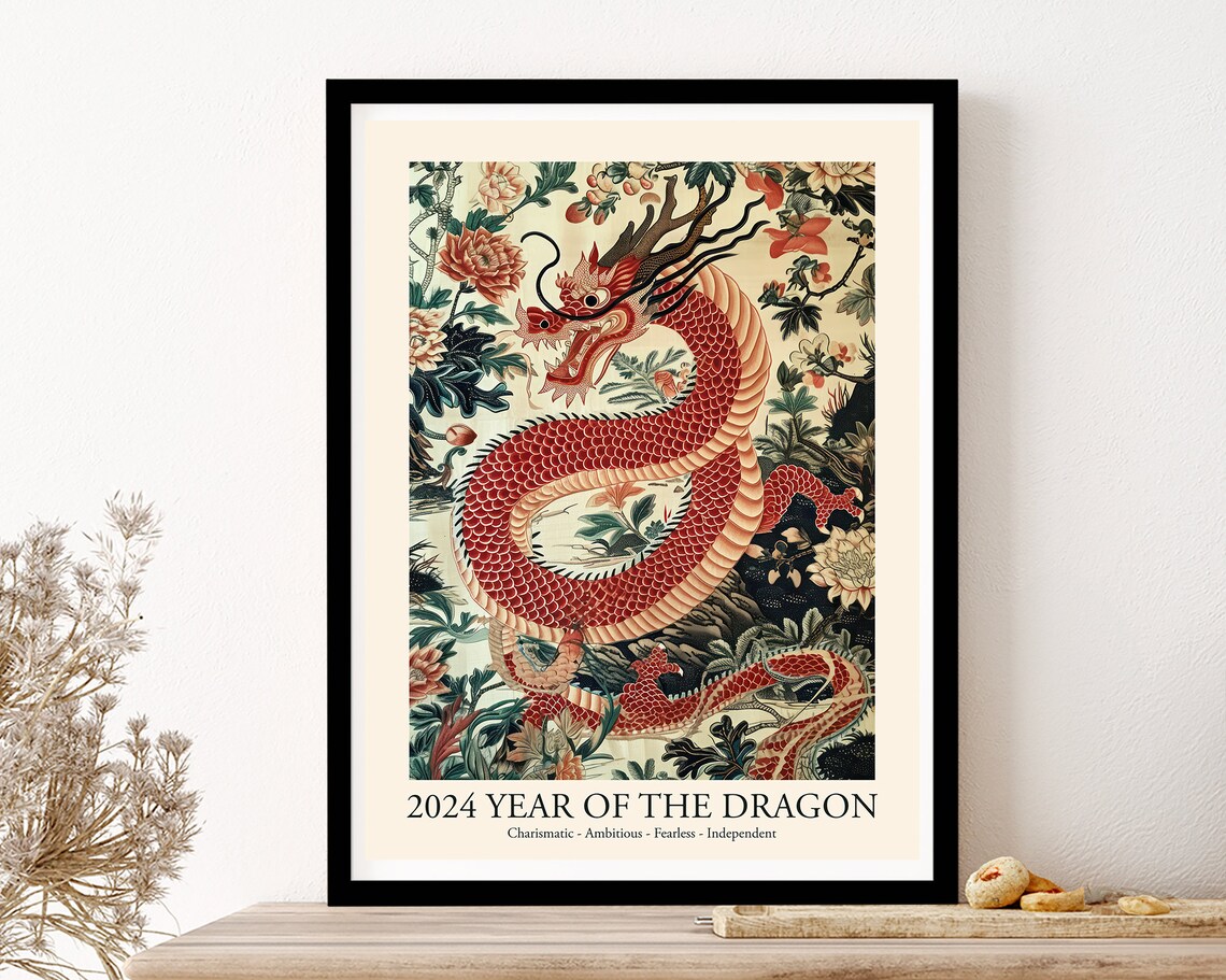 2024 Year of the Dragon Red Chinese Dragon Floral Lunar New Year Poster