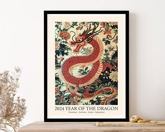 Lunar Year Of The Dragon 2024 Wall Art Print Poster Framed Dragon Art Chinese Zodiac Vintage