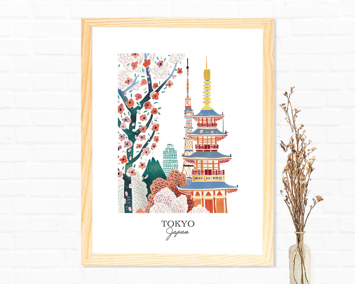 Tokyo Japan Pagoda Cherry Blossom Travel Illustration Wall Poster