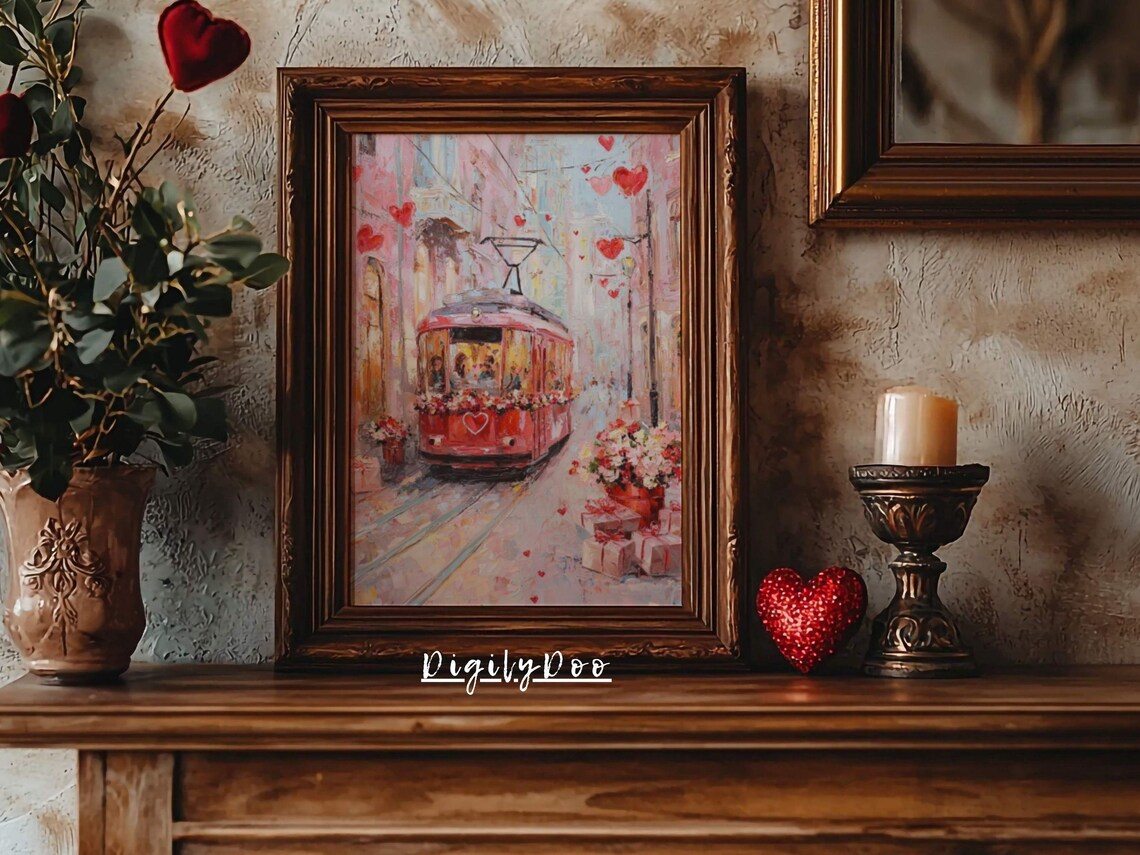 Vintage Valentine Tram Love Art Print, Romantic Decor