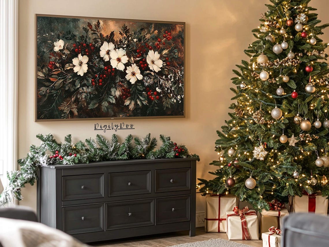 Christmas Floral Garland White Blossoms Red Berries Holiday Art Poster - Image 3