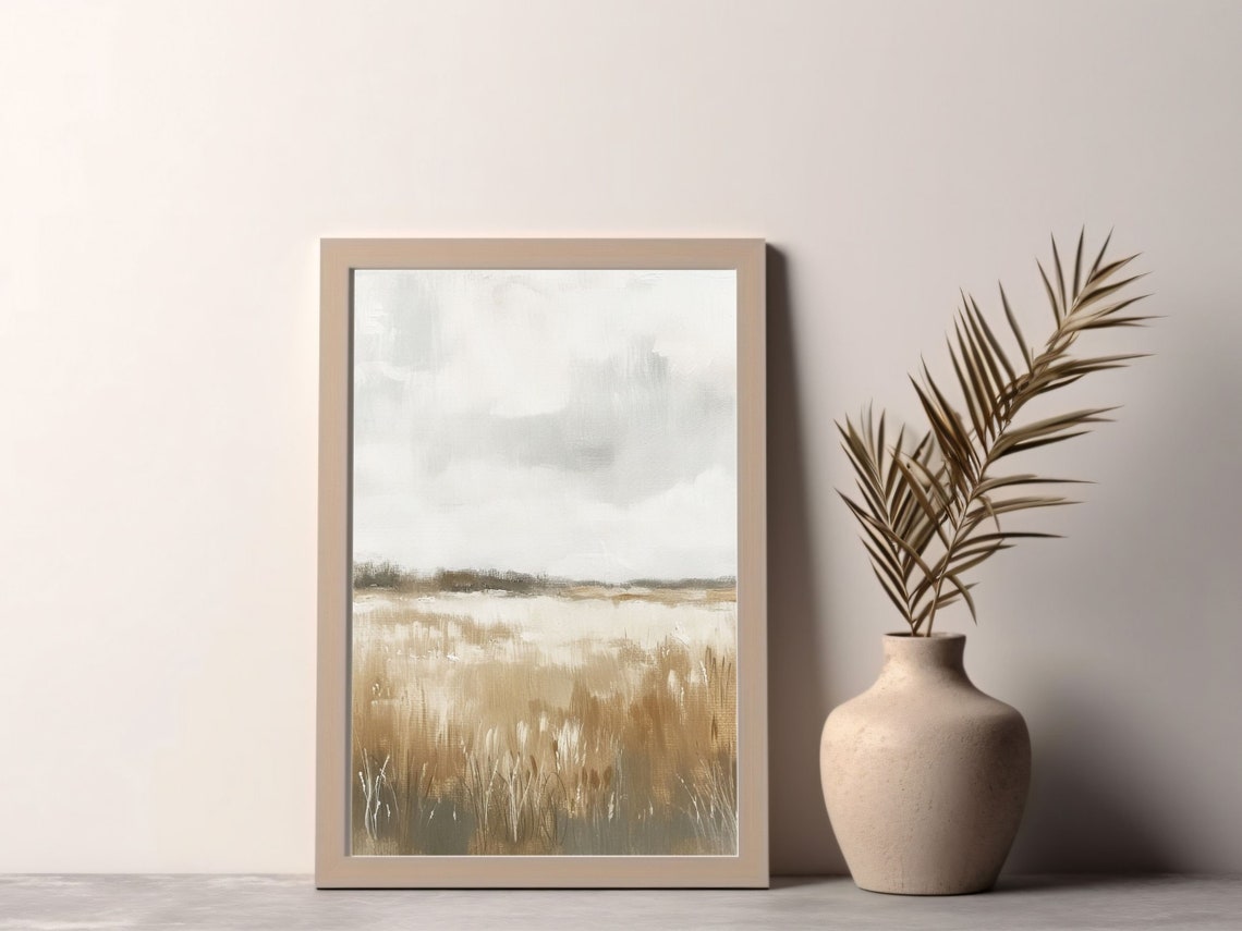 Neutral Beige Meadow Grasses Cloudy Sky Minimalist Field Poster - Image 2
