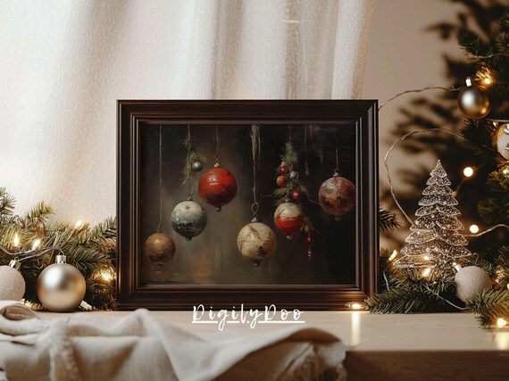 Vintage Christmas Ornament Art Print, Rustic Farmhouse Decor