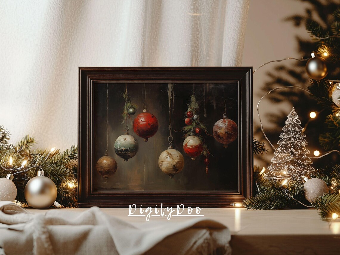 Vintage Christmas Ornament Art Print, Rustic Farmhouse Decor