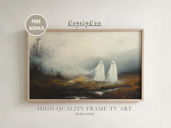 Halloween Frame Tv Art Two Ghost In Mist Painting Spooky Landscape Decor Moody Wallpaper Dark Academia Screensaver Autumn
