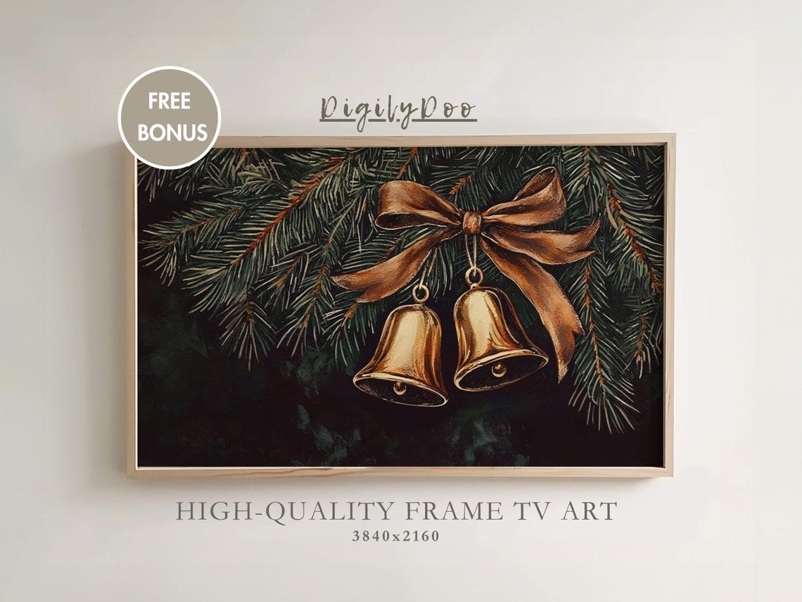 Golden Christmas Bells Copper Bow Pine Branches Holiday Art Poster
