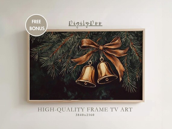 Christmas Frame Tv Art Moody Christmas Bough Tv Decor Vintage Gold Bells Holiday Painting Winter Screensaver Tv