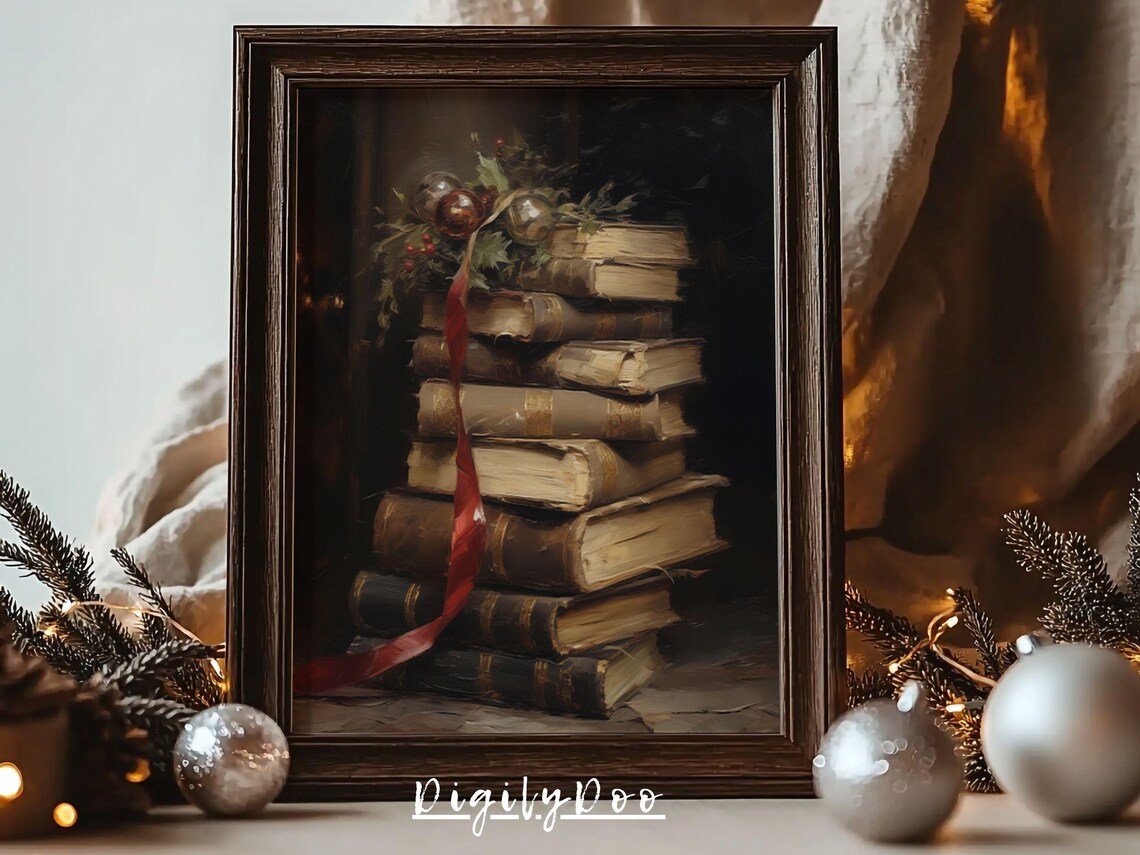 Antique Vintage Books Stack Red Ribbon Christmas Still Life Poster