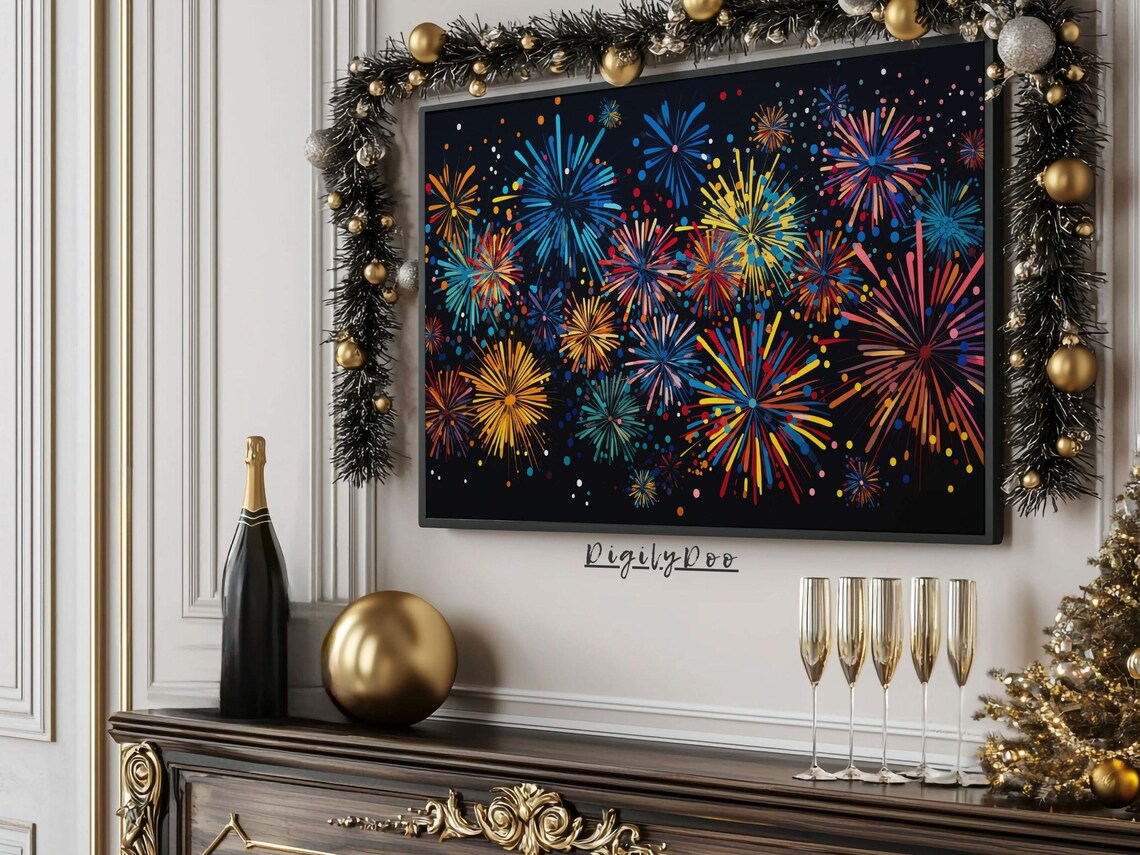 Vivid Colorful Fireworks Abstract Night Sky New Year Eve TV Poster - Image 3