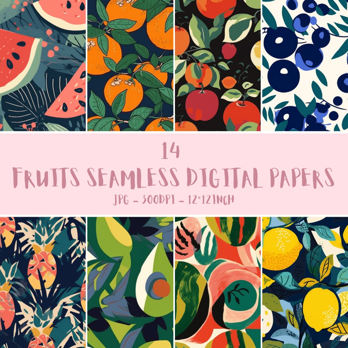 14 Colorful Fruit Seamless Pattern Digital Papers Pack Print