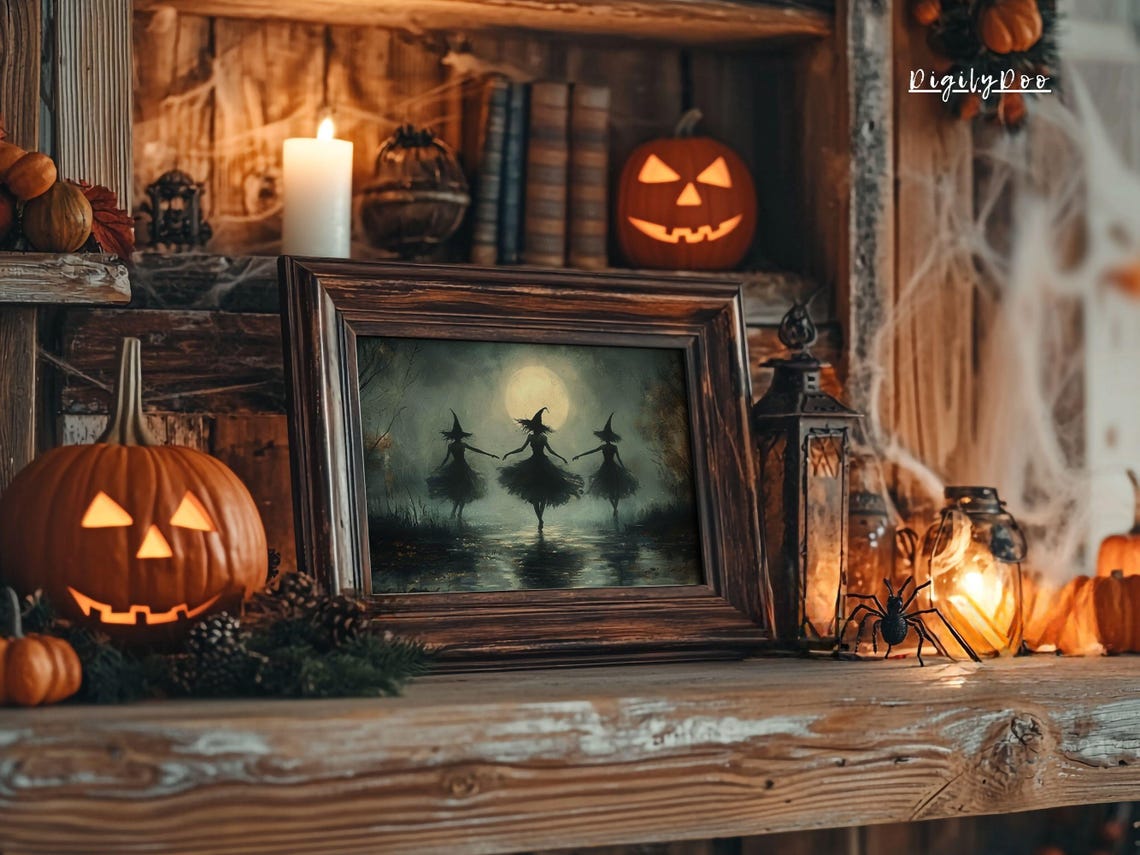 Three Witch Silhouettes Dancing Under Full Moon Lake Night Poster - Image 3