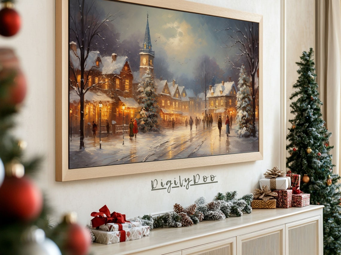 Snowy Village Street Night Church Steeple Christmas Scene Poster - Image 3