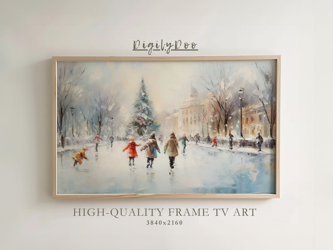 Winter Ice Skating Holiday Landscape Poster Print