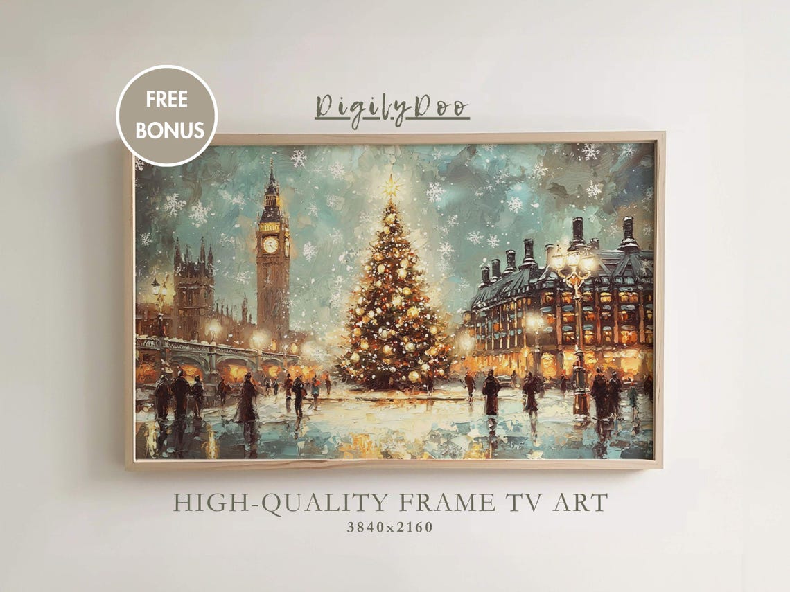 London Big Ben Christmas Tree Snowfall Holiday City Scene Poster