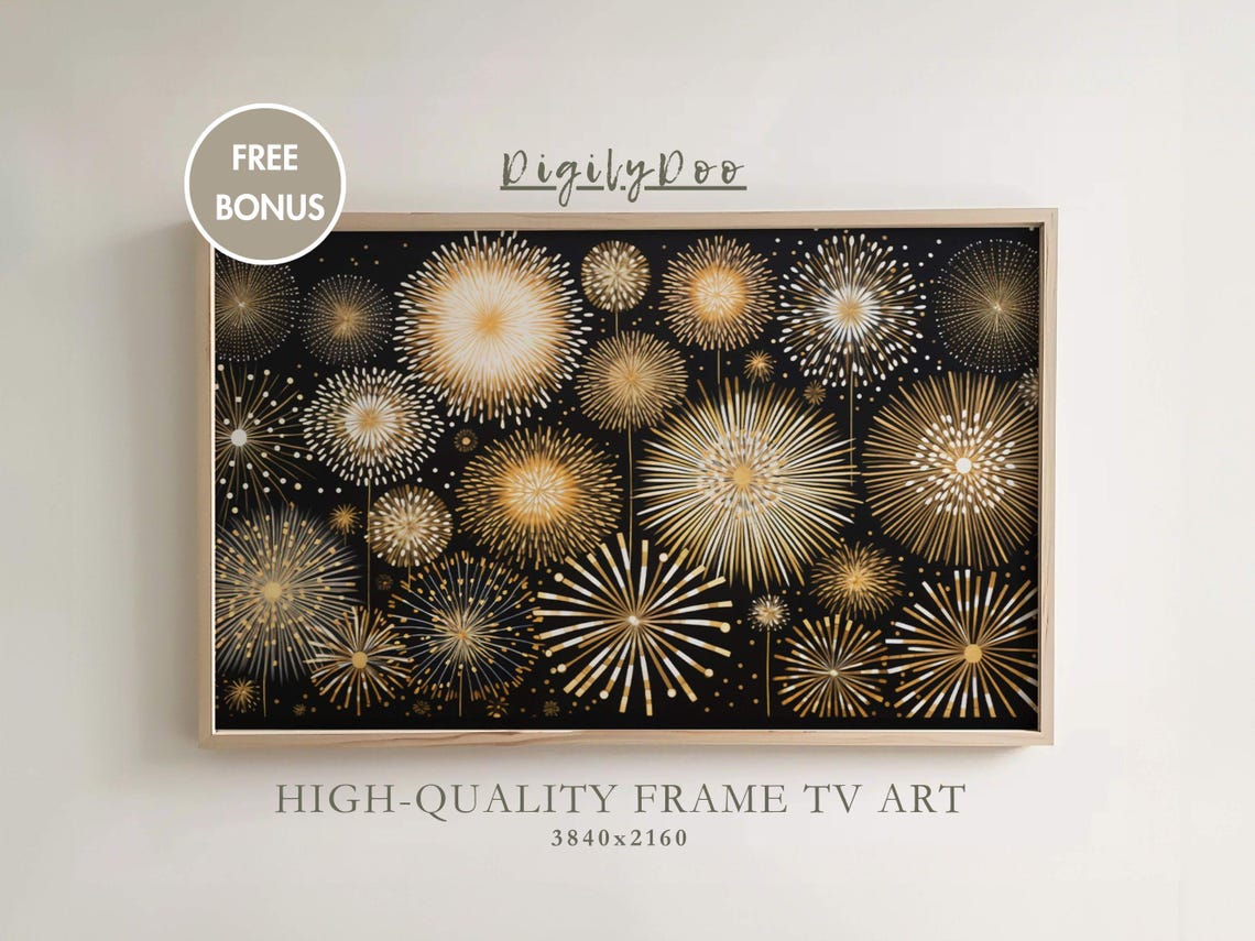 Golden Fireworks Black Background Celebration Pattern Wall Art