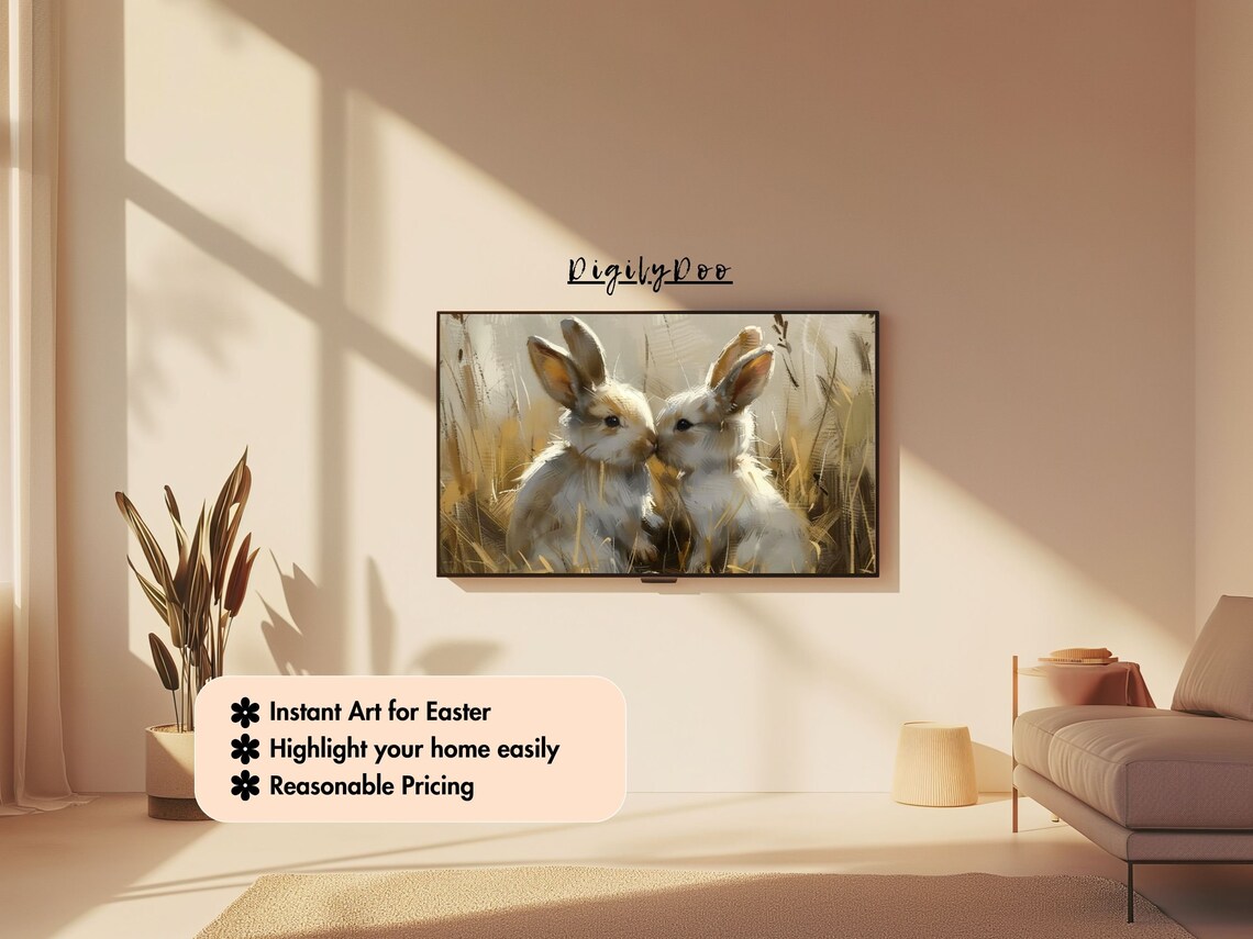 Easter Bunny Pair In Cornfield, Vintage Farmhouse Art - Image 3